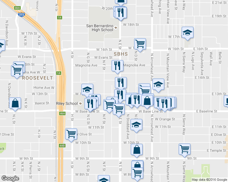 map of restaurants, bars, coffee shops, grocery stores, and more near 1304 Acacia Avenue North in San Bernardino
