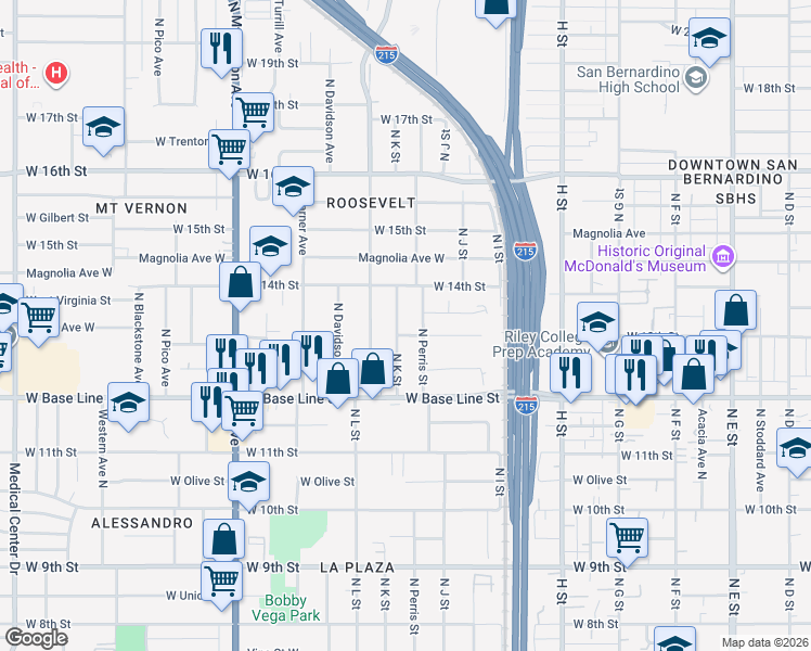 map of restaurants, bars, coffee shops, grocery stores, and more near 1306 North K Street in San Bernardino