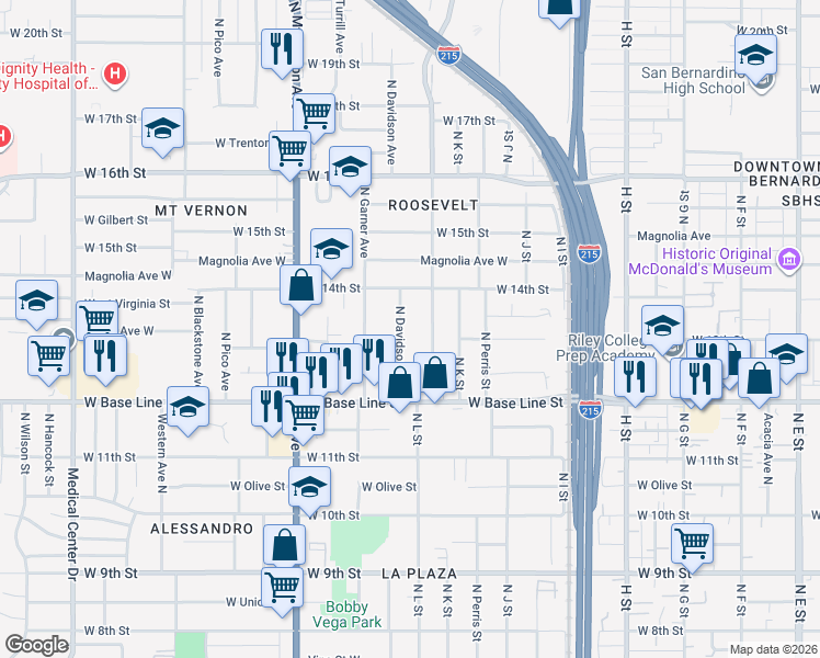map of restaurants, bars, coffee shops, grocery stores, and more near 1312 North Massachusetts Avenue in San Bernardino