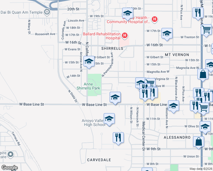 map of restaurants, bars, coffee shops, grocery stores, and more near 1880 West 13th Street in San Bernardino