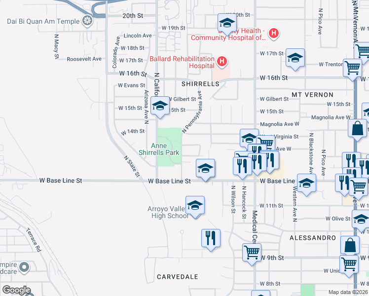 map of restaurants, bars, coffee shops, grocery stores, and more near 1880 West 13th Street in San Bernardino