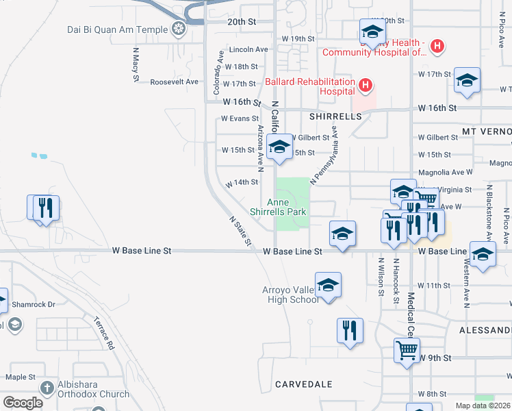 map of restaurants, bars, coffee shops, grocery stores, and more near 1347 North Colorado Avenue in San Bernardino