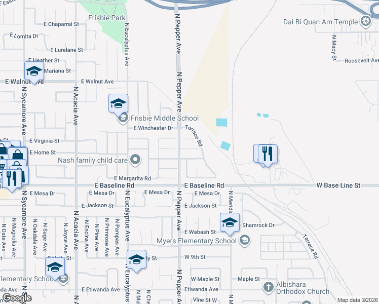 map of restaurants, bars, coffee shops, grocery stores, and more near 910 East Mariposa Drive in Rialto