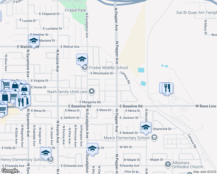 map of restaurants, bars, coffee shops, grocery stores, and more near 858 East Mariposa Drive in Rialto