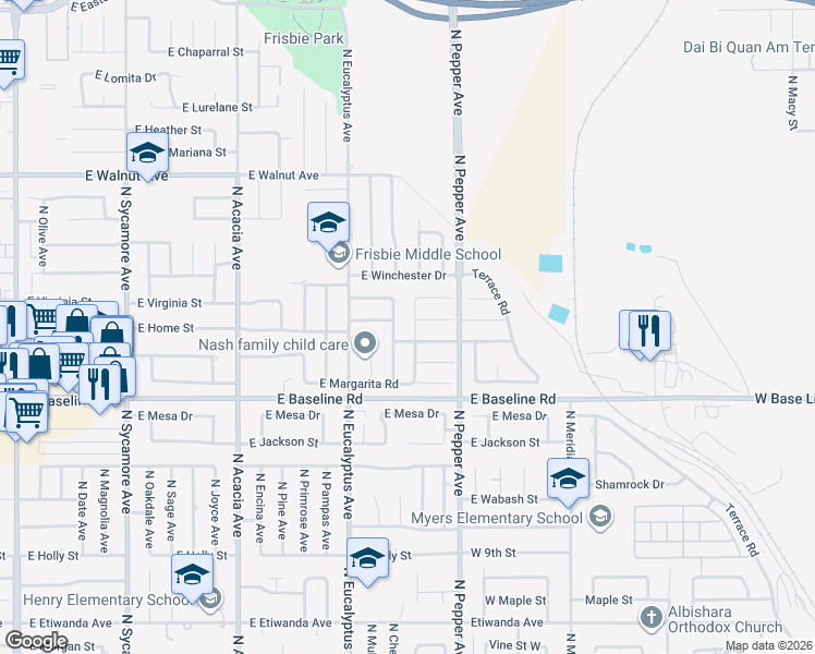 map of restaurants, bars, coffee shops, grocery stores, and more near 1325 North Chestnut Avenue in Rialto