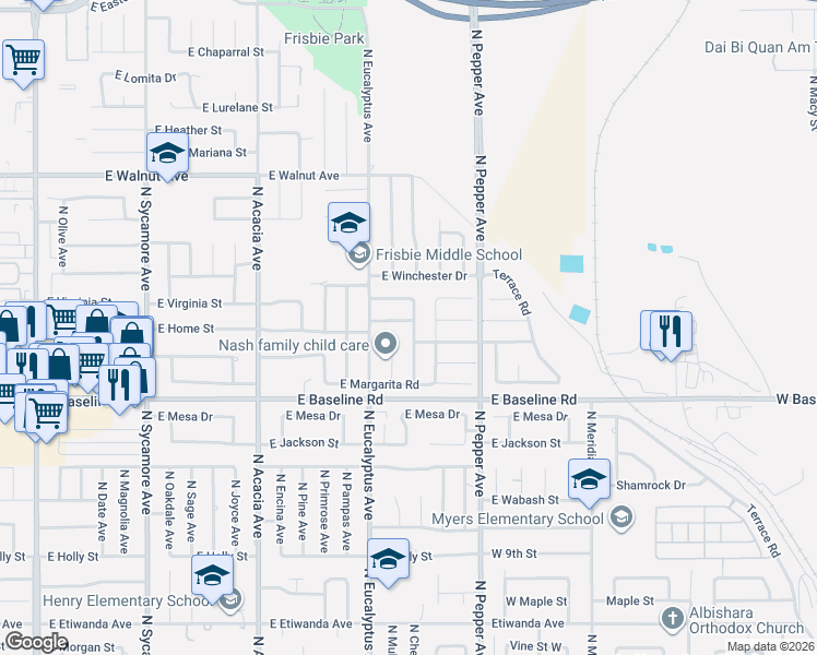 map of restaurants, bars, coffee shops, grocery stores, and more near 1325 North Chestnut Avenue in Rialto