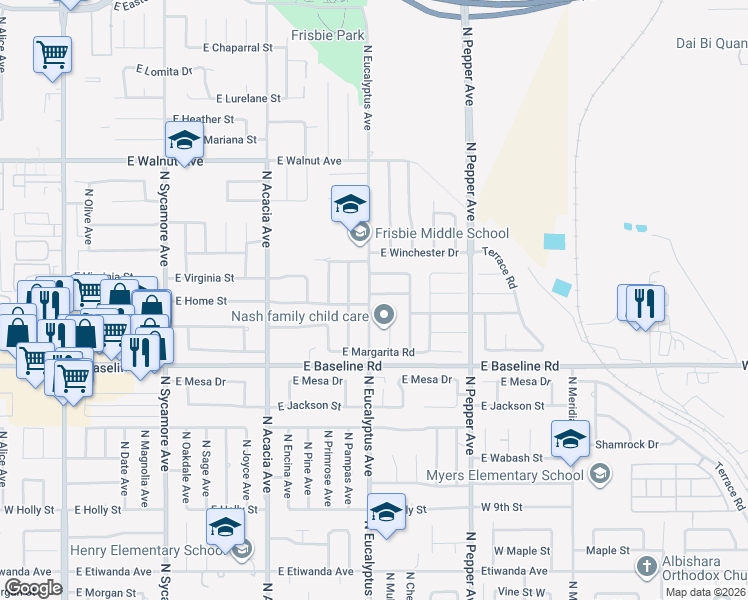 map of restaurants, bars, coffee shops, grocery stores, and more near 1315 North Eucalyptus Avenue in Rialto