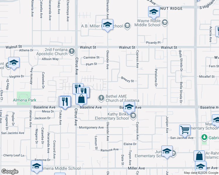 map of restaurants, bars, coffee shops, grocery stores, and more near 7187 Oleander Avenue in Fontana