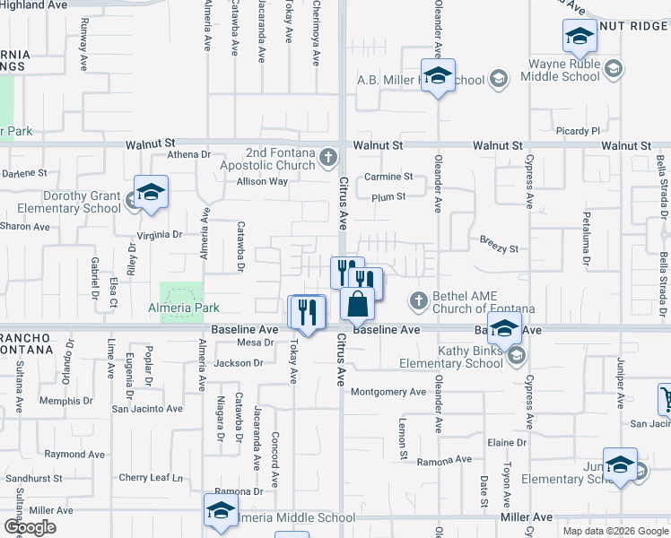 map of restaurants, bars, coffee shops, grocery stores, and more near 16001 Chase Road in Fontana