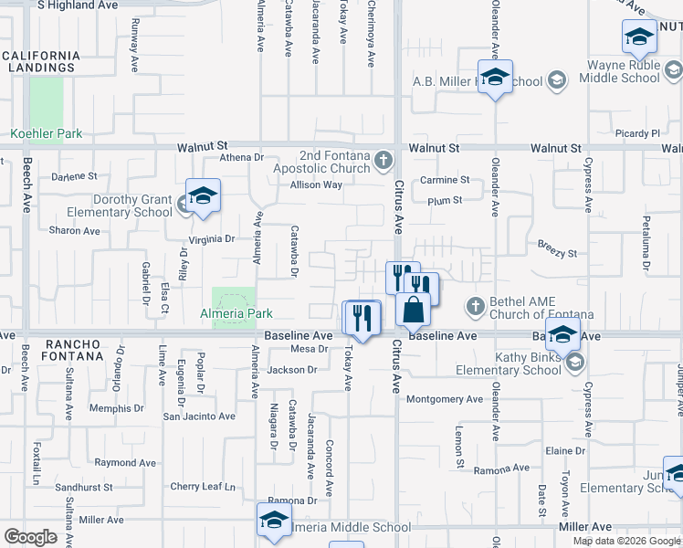 map of restaurants, bars, coffee shops, grocery stores, and more near 16000 Baseline Avenue in Fontana