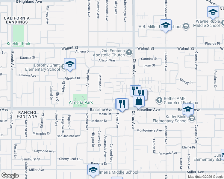 map of restaurants, bars, coffee shops, grocery stores, and more near 16000 Baseline Avenue in Fontana