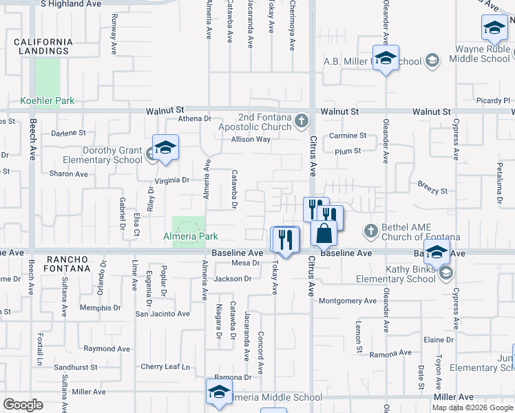 map of restaurants, bars, coffee shops, grocery stores, and more near 15910 Serenade Lane in Fontana