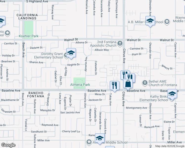 map of restaurants, bars, coffee shops, grocery stores, and more near 15847 Monteca Drive in Fontana