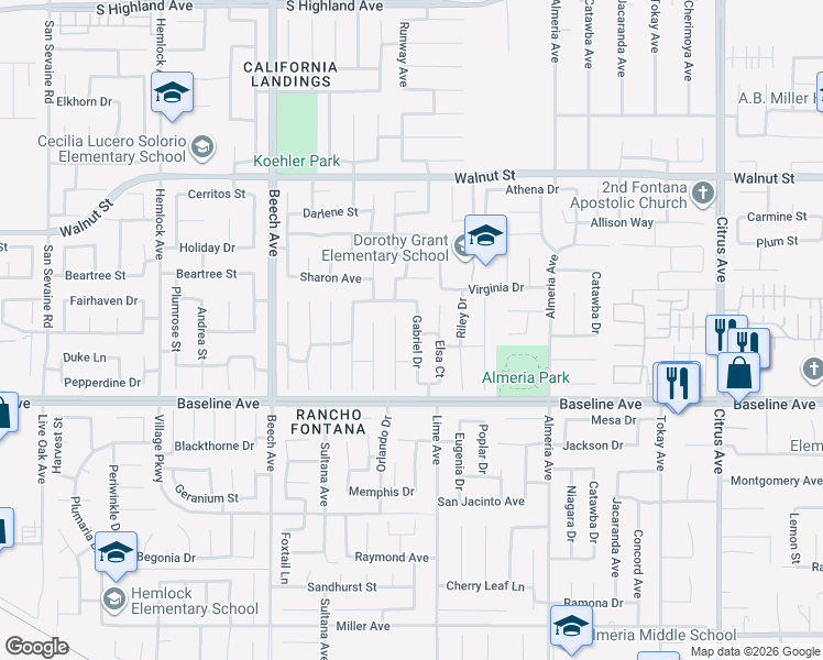 map of restaurants, bars, coffee shops, grocery stores, and more near 7189 Gabriel Drive in Fontana