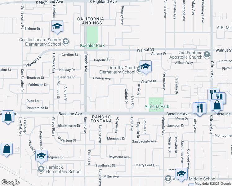 map of restaurants, bars, coffee shops, grocery stores, and more near 7184 Helena Place in Fontana
