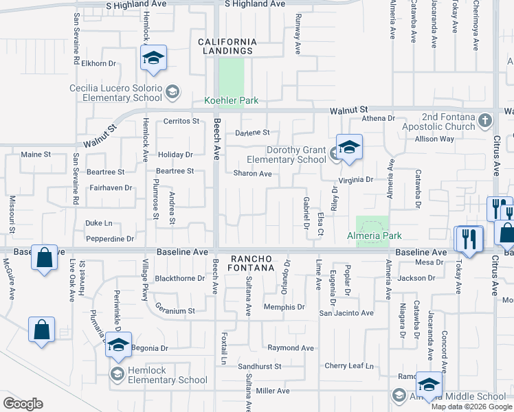 map of restaurants, bars, coffee shops, grocery stores, and more near 7182 Oak Tree Place in Fontana