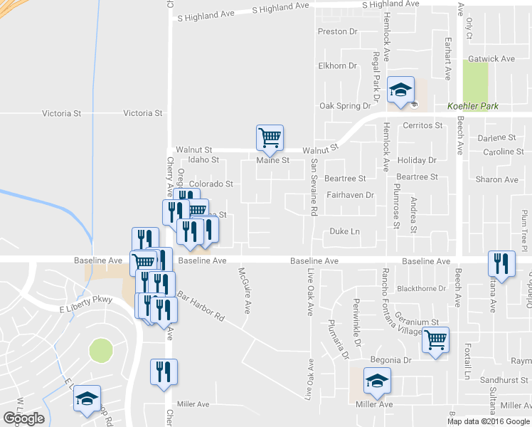 map of restaurants, bars, coffee shops, grocery stores, and more near 14757 Tennessee Court in Fontana