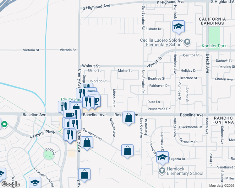 map of restaurants, bars, coffee shops, grocery stores, and more near 14757 Tennessee Court in Fontana