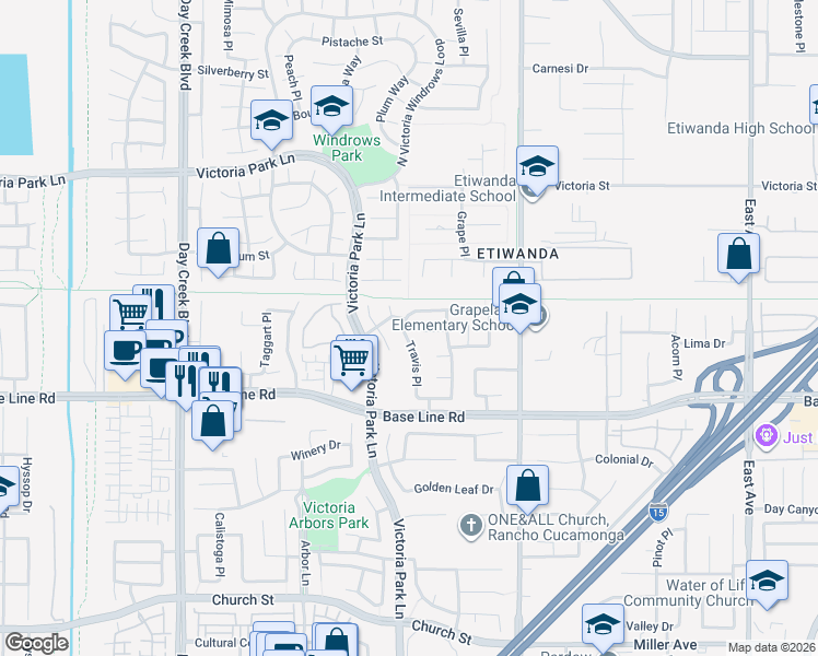map of restaurants, bars, coffee shops, grocery stores, and more near 7153 Travis Place in Rancho Cucamonga