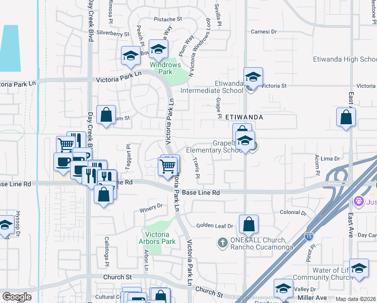 map of restaurants, bars, coffee shops, grocery stores, and more near 7153 Travis Place in Rancho Cucamonga
