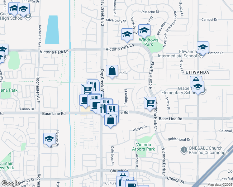 map of restaurants, bars, coffee shops, grocery stores, and more near 7185 Aloe Court in Rancho Cucamonga