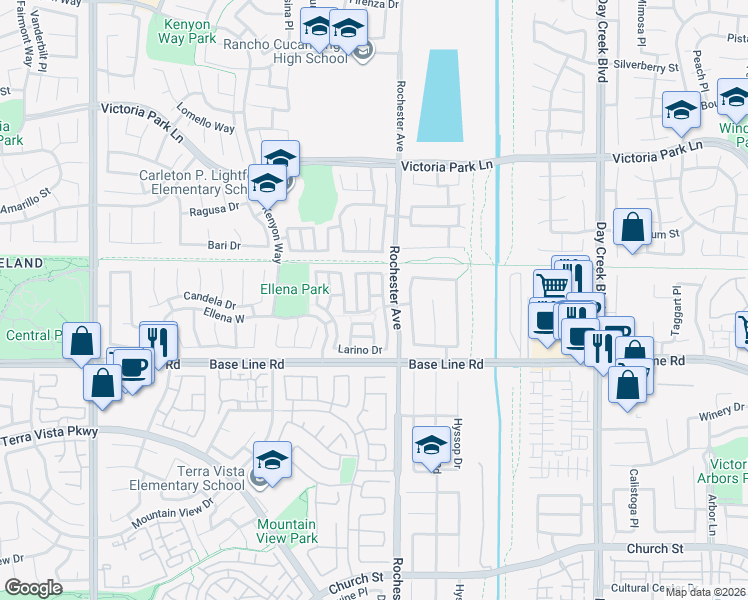 map of restaurants, bars, coffee shops, grocery stores, and more near 7193 Trivento Place in Rancho Cucamonga