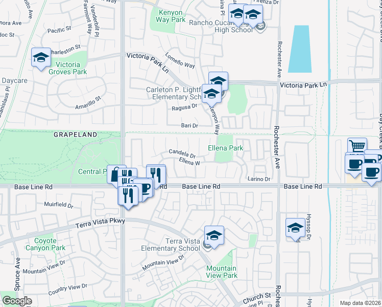 map of restaurants, bars, coffee shops, grocery stores, and more near 11531 Candela Drive in Rancho Cucamonga