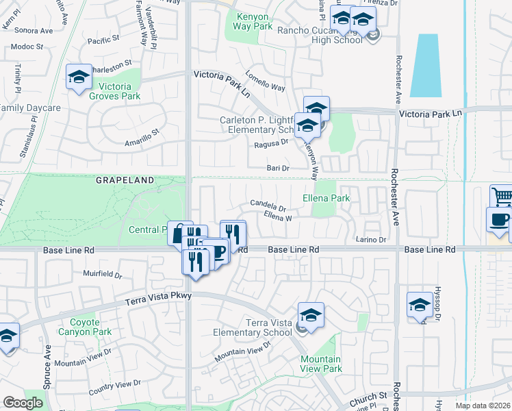 map of restaurants, bars, coffee shops, grocery stores, and more near 11461 Candela Drive in Rancho Cucamonga