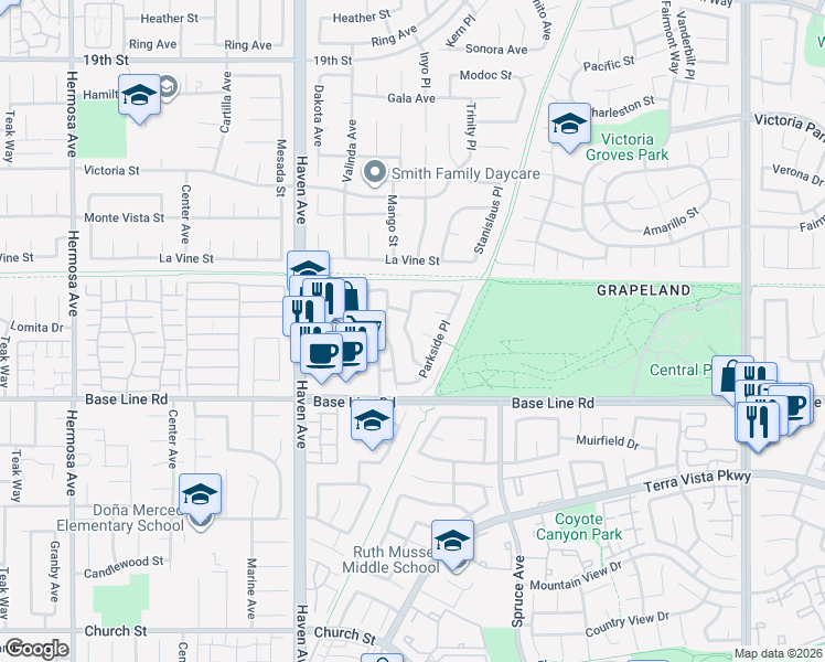map of restaurants, bars, coffee shops, grocery stores, and more near 7211 Daybreak Place in Rancho Cucamonga