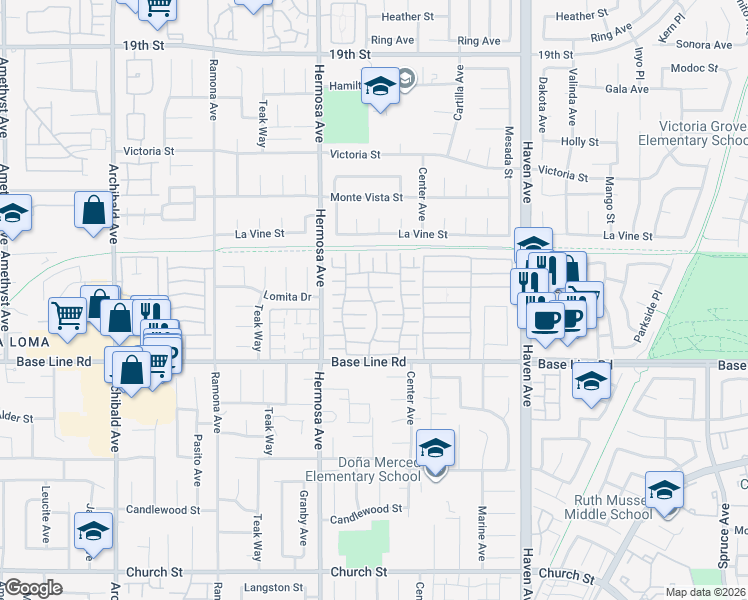 map of restaurants, bars, coffee shops, grocery stores, and more near 10210 Base Line Road in Rancho Cucamonga