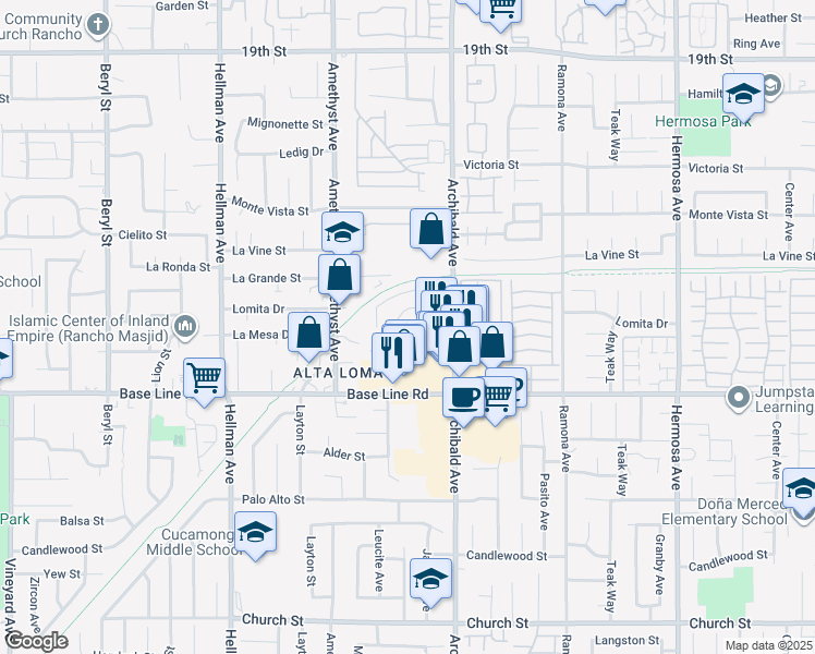 map of restaurants, bars, coffee shops, grocery stores, and more near 9601 Lomita Court in Rancho Cucamonga