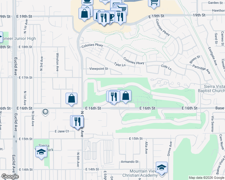 map of restaurants, bars, coffee shops, grocery stores, and more near 1060 Pebble Beach Drive in Upland