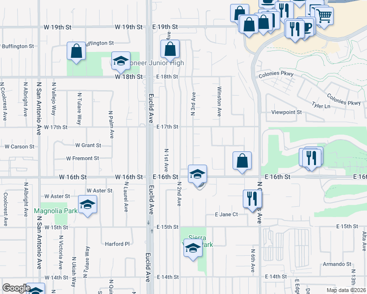 map of restaurants, bars, coffee shops, grocery stores, and more near 1653 North 3rd Avenue in Upland