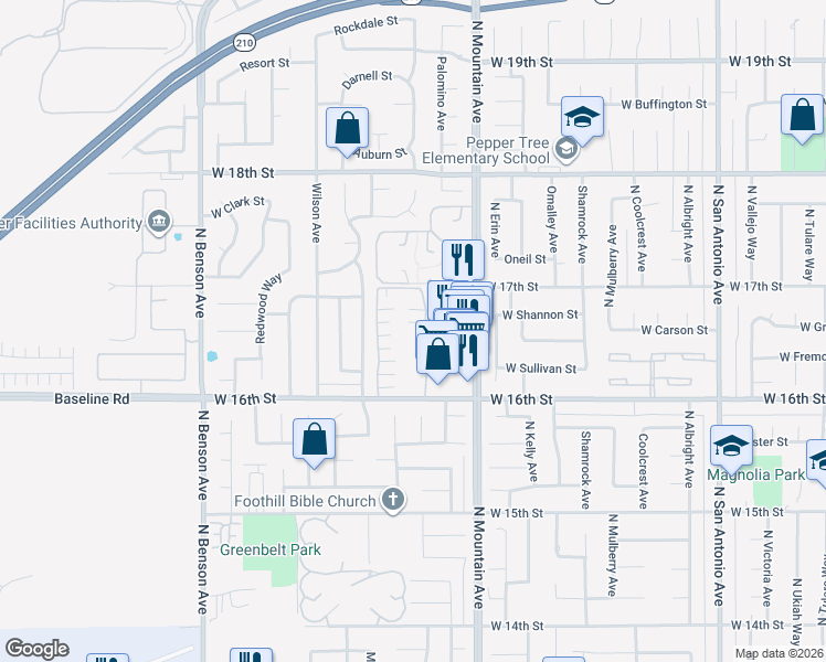 map of restaurants, bars, coffee shops, grocery stores, and more near 1651 Carmel Circle West in Upland