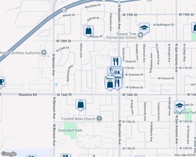 map of restaurants, bars, coffee shops, grocery stores, and more near 1651 Carmel Circle West in Upland
