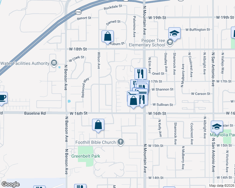 map of restaurants, bars, coffee shops, grocery stores, and more near 1651 Carmel Circle West in Upland