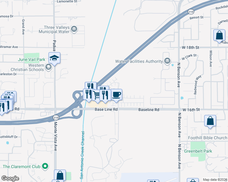 map of restaurants, bars, coffee shops, grocery stores, and more near 1635 Peach Tree Place in Upland