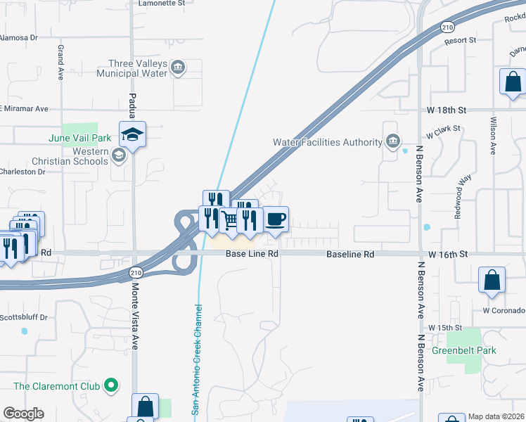 map of restaurants, bars, coffee shops, grocery stores, and more near 1635 Peach Tree Place in Upland