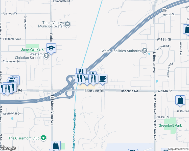 map of restaurants, bars, coffee shops, grocery stores, and more near Foothill Freeway in Upland