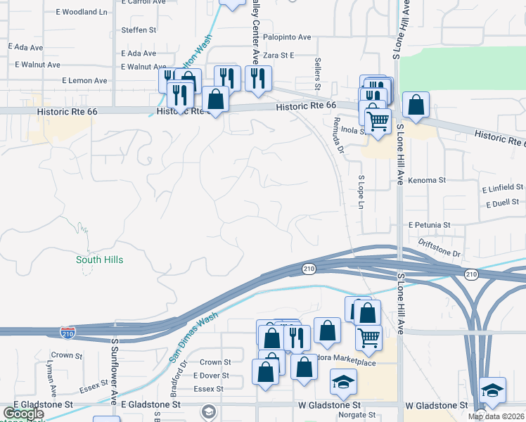 map of restaurants, bars, coffee shops, grocery stores, and more near 1455 Hunters Trail in Glendora