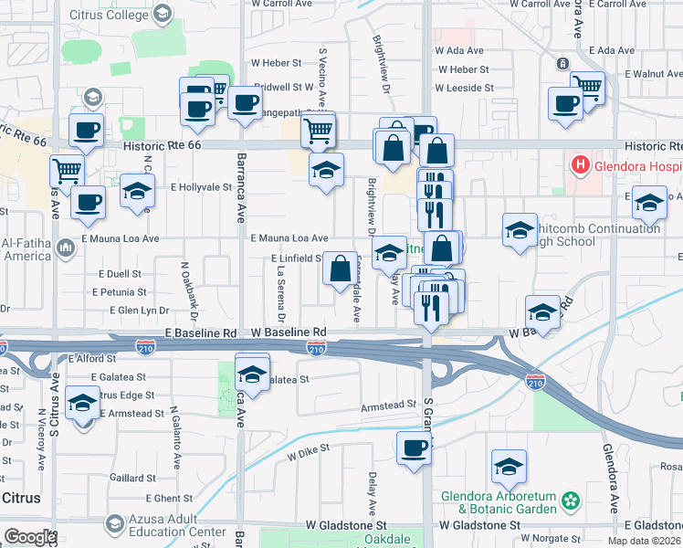 map of restaurants, bars, coffee shops, grocery stores, and more near 855 Forestdale Avenue in Glendora