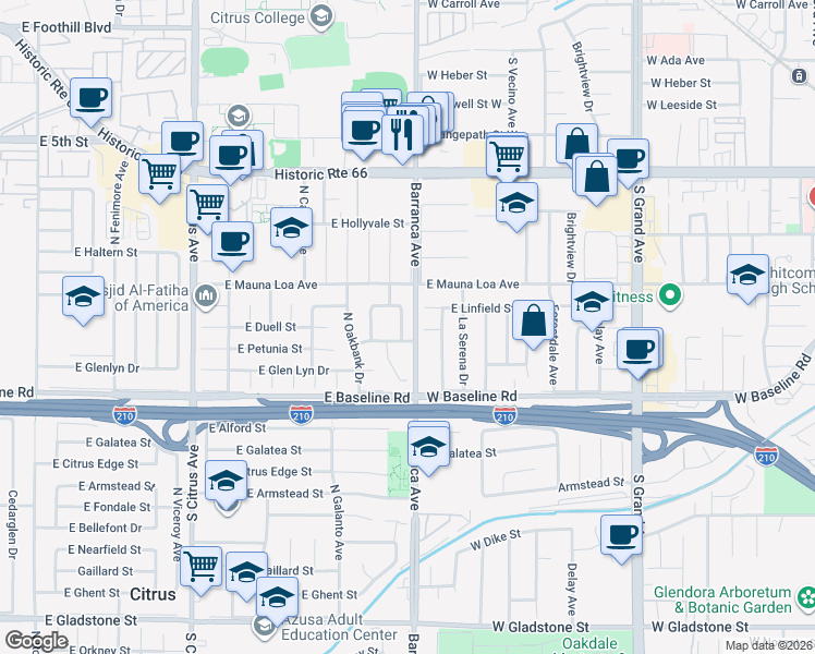 map of restaurants, bars, coffee shops, grocery stores, and more near 6103 North Traymore Avenue in Azusa