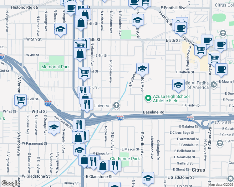 map of restaurants, bars, coffee shops, grocery stores, and more near 153 North Pasadena Avenue in Azusa