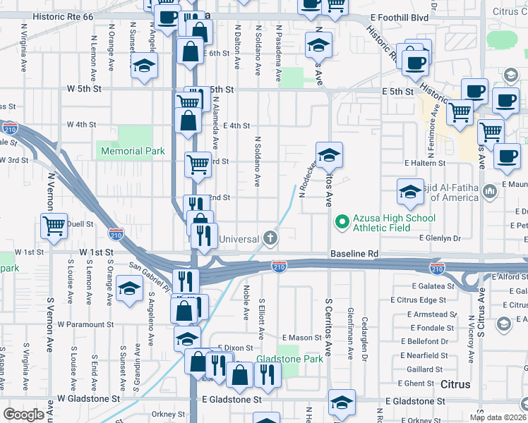 map of restaurants, bars, coffee shops, grocery stores, and more near 153 North Pasadena Avenue in Azusa