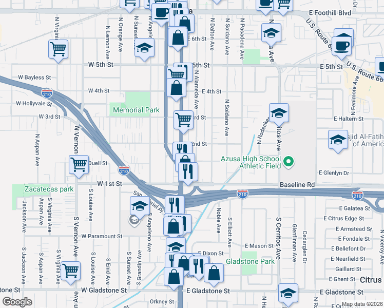 map of restaurants, bars, coffee shops, grocery stores, and more near 150 North Alameda Avenue in Azusa