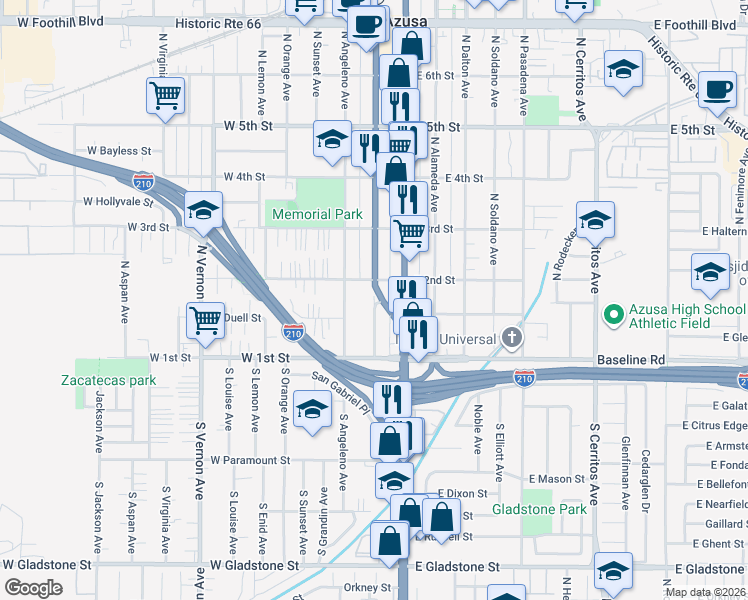 map of restaurants, bars, coffee shops, grocery stores, and more near 151 North San Gabriel Avenue in Azusa