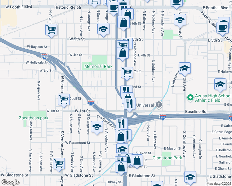 map of restaurants, bars, coffee shops, grocery stores, and more near 151 North San Gabriel Avenue in Azusa