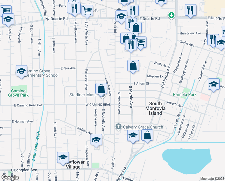 map of restaurants, bars, coffee shops, grocery stores, and more near 2233 South Primrose Avenue in Monrovia