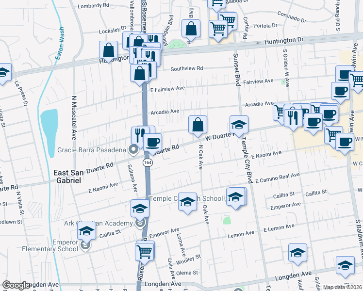 map of restaurants, bars, coffee shops, grocery stores, and more near 9124 Duarte Road in San Gabriel