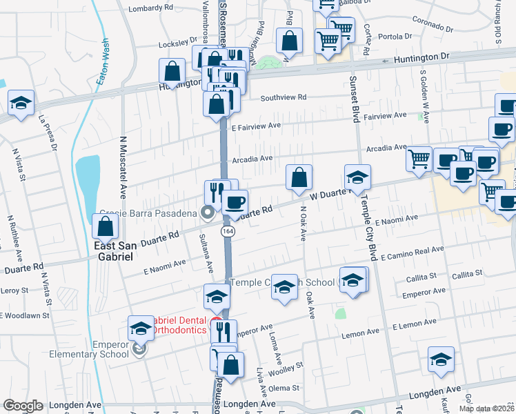 map of restaurants, bars, coffee shops, grocery stores, and more near 9053 Duarte Road in San Gabriel